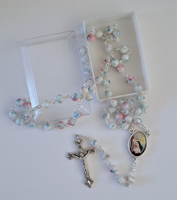 St Rita glass rosary - white/blossom (RCNRC104WHT)
