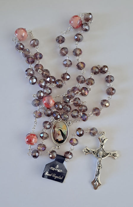 St Rita Rosary - Purple/Pink - real crystal (RCNRM39)