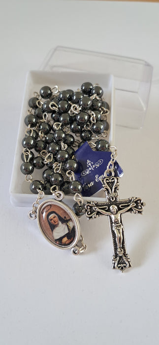 St Rita real Hemetite 6mm Rosary (RA32)