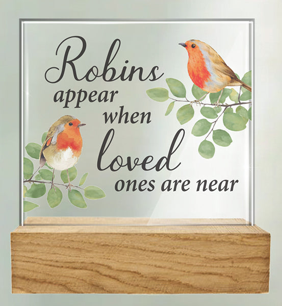 Glass Plaque/Wood Base/Robins Near You (32432)