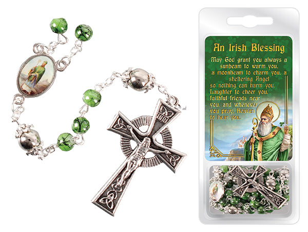 St.Patrick Glass Marble Effect Rosary & Card Set (60521)