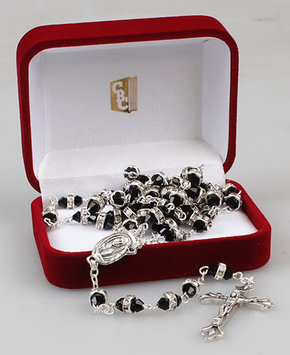 Glass Rosary/Black with Crystal Ring (6315/BLACK)