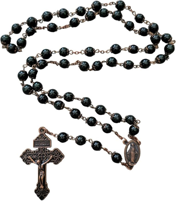 Black stardust agate rosary beads gemstone bronze metal large long 8mm beads (16)