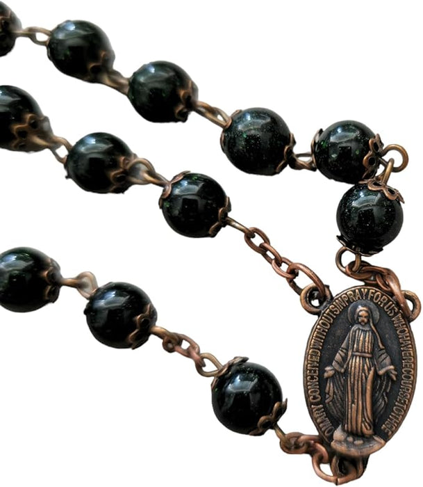 Black stardust agate rosary beads gemstone bronze metal large long 8mm beads (16)