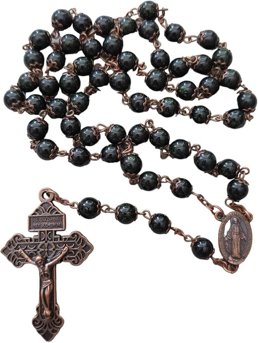 Black stardust agate rosary beads gemstone bronze metal large long 8mm beads (16)