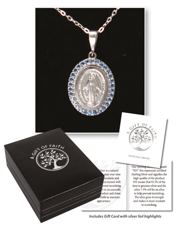 Miraculous Medal 1/2 Blue Crystal Stone (69142)