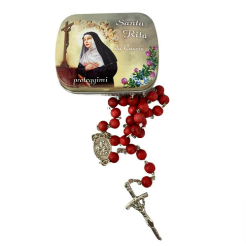 Metal box with rosary scented with rose